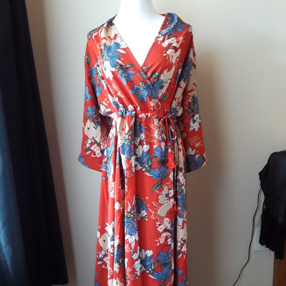 Red Floral Maxi Wrap Dress Peekaboo Sleeves